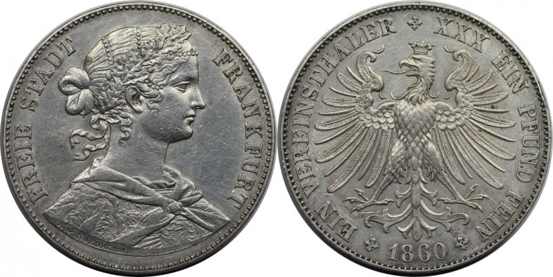 Altdeutsche Münzen und Medaillen, FRANKFURT - STADT. Vereinstaler 1860, Silber. ...