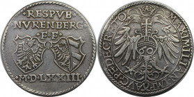 Altdeutsche Münzen und Medaillen, NÜRNBERG, STADT. Guldentaler (60 Kreuzer) 1573, mit Titel Maximilians II. Silber. Dav. 82, Kellner 142. Sehr schön+...