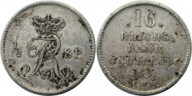 Altdeutsche Münzen und Medaillen, SCHLESWIG - HOLSTEIN. Frederik VI. (1808-1839). 16 Reichsbank Schilling 1831 IFF, Silber. KM 154a. Sehr schön