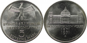 Deutsche Münzen und Medaillen ab 1945, BUNDESREPUBLIK DEUTSCHLAND. Reichstag. 5 Mark 1971 G, Silber. Jaeger 409. Stempelglanz