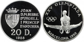 Europäische Münzen und Medaillen, Andorra. "1992 Olympische Sommerspiele in Barcelona". 20 Diners 1988. 16,0 g. 0.925 Silber. 0.48 OZ. KM 48. Polierte...