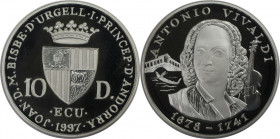 Europäische Münzen und Medaillen, Andorra. Komponist Antonio Vivaldi (1678-1741). 10 Diners 1997. 31,47 g. 0.925 Silber. 0.94 OZ. KM 133. Polierte Pla...