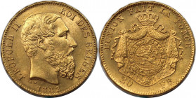 Europäische Münzen und Medaillen, Belgien / Belgium. Leopold II. (1865-1909). 20 Francs 1882, Brüssel. Gold. 6.45 g. KM 37, Fr. 412. Stempelglanz