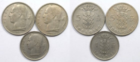 Europäische Münzen und Medaillen, Belgien / Belgium, Lots und Sammlungen. 1 Franc 1952, 5 Francs 1960, 5 Francs 1967. Lot von 3 Münzen. Kupfer-Nickel....