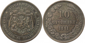 Europäische Münzen und Medaillen, Bulgarien / Bulgaria. Alexander I. (1879-1886). 10 Stotinki 1881. Bronze. KM 3. Fast Vorzüglich