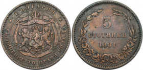 Europäische Münzen und Medaillen, Bulgarien / Bulgaria. Alexander I. (1879-1886). 5 Stotinki 1881. Bronze. KM 2. Sehr schön+