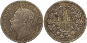 Europäische Münzen und Medaillen, Bulgarien / Bulgaria. Ferdinand I. (1887-1918). 5 Lewa 1892. Silber. KM 15. Fast Vorzüglich