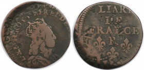 Europäische Münzen und Medaillen, Frankreich / France. Ludwig XIV. (1643–1715). Liard 1656 R. Kupfer. 3,0 g. 23 mm. Sehr schön. Dezentriert und überpr...
