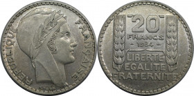 Europäische Münzen und Medaillen, Frankreich / France. Dritte Republik (1870-1940). 20 Francs 1934. Silber. KM 879. Fast Stempelglanz