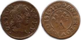 Europäische Münzen und Medaillen, Frankreich / France. Dombes. Gaston d'Orléans. Denier Tournois 1651. Kupfer. 1,45 g. Fast Vorzüglich