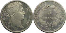 Europäische Münzen und Medaillen, Frankreich / France. Napoleon I. 5 Francs 1808 A, Silber. KM 686.1. Sehr schön+