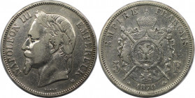 Europäische Münzen und Medaillen, Frankreich / France. Napoleon III. (1852-1870). 5 Francs 1870 BB. Silber. KM 799.2. Sehr schön+