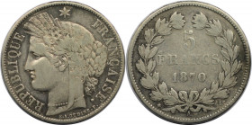 Europäische Münzen und Medaillen, Frankreich / France. Dritte Republik (1870-1940). 5 Francs 1870 A. Silber. KM 818.1. Sehr schön+