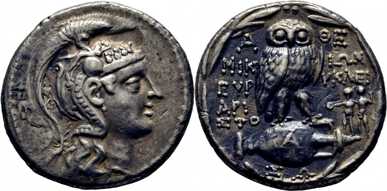 ATICA-ATENAS. Tetradracma. 156-155 a.C. Cabeza galeada de Atenea Partenos. Lechu...