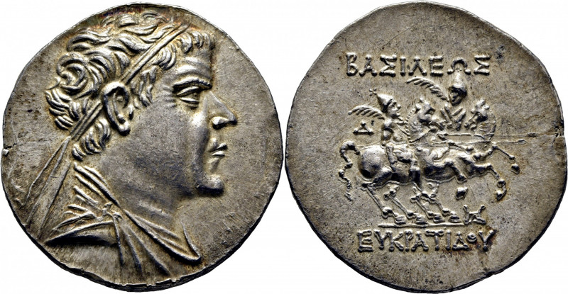 BACTRIA. Eukratides I Megalos. Pushkalavati. Tetradracma ático. 171-135 a.C. Bus...