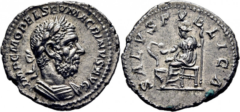 ROMA IMPERIO. Macrino. Denario. 217-218. Busto laureado revestido a derecha. Sal...