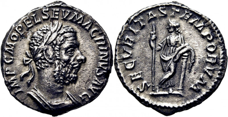 ROMA IMPERIO. Macrino. Denario. 217-218. Busto laureado revestido a derecha. Seg...