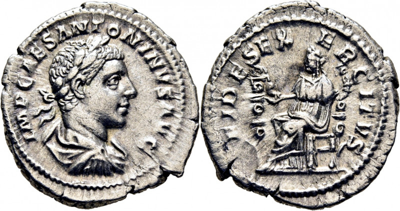 ROMA IMPERIO. Heliogábalo. Denario. 219. Busto laureado revestido a derecha. Fe ...