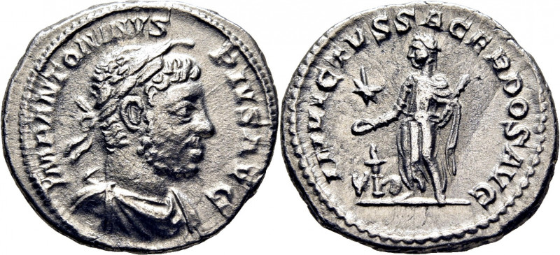 ROMA IMPERIO. Heliogábalo. Denario. Busto laureado revestido y con cuerno a dere...