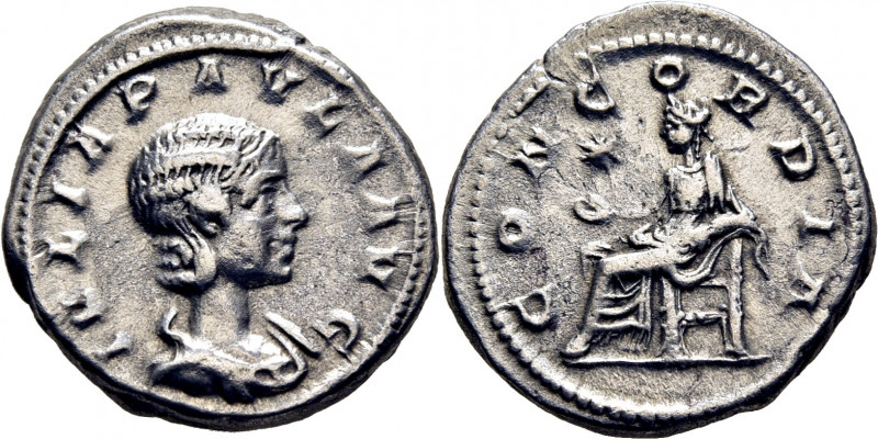 ROMA IMPERIO. Julia Paula. Denario. 219. Busto revestido a derecha. Concordia se...