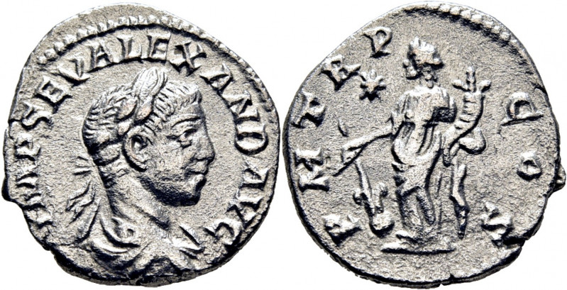 ROMA IMPERIO. Alejandro Severo. Denario. 222. Busto laureado revestido a derecha...