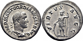 Gordiano II. Denario. Casi SC-. Tono. Muy buen ejemplar. Muy atractiva. Rara