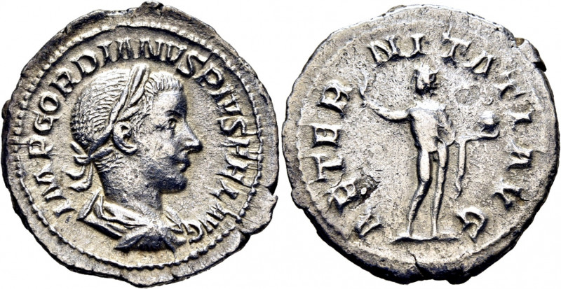 ROMA IMPERIO. Gordiano III. Denario. 241-243. Busto laureado revestido a derecha...