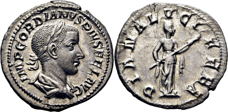 ROMA IMPERIO. Gordiano III. Denario. 241. Busto laureado revestido a derecha -ín...