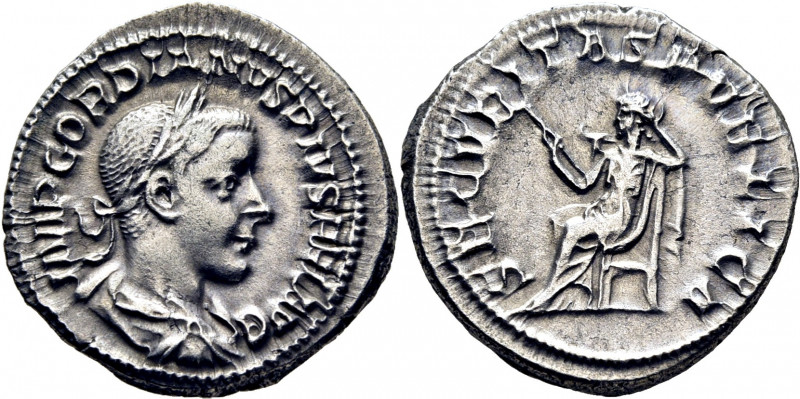 ROMA IMPERIO. Gordiano III. Denario. 241. Busto laureado revestido a derecha. Se...
