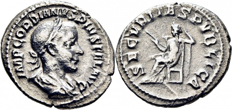 ROMA IMPERIO. Gordiano III. Denario. 241. Busto laureado revestido a derecha. Se...