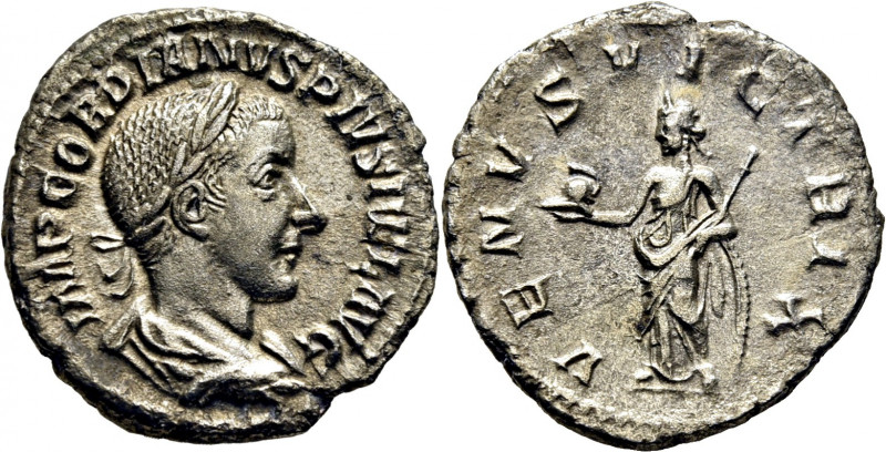 ROMA IMPERIO. Gordiano III. Denario. 241. Busto laureado revestido a derecha. Ve...