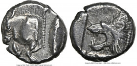 MYSIA. Cyzicus. Ca. 5th century BC. AR diobol(?) (10mm, 6h). NGC XF. Ca. 525-475 BC. Forepart of running boar left, H on shoulder; to right, tunny upw...