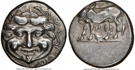 MYSIA. Parium. Ca. 4th Century BC. AR hemidrachm (13mm, 12h). NGC Choice XF. Facing Gorgoneion, tongue protruding below upper row of teeth, coiled sna...