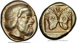 LESBOS. Mytilene. ca. 454-427 BC. EL sixth stater or hecte (11mm, 2.50 gm, 5h). NGC VF 5/5 - 3/5. Diademed head of Silenus right / Two ram heads butti...