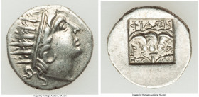 CARIAN ISLANDS. Rhodes. Ca. 88-84 BC. AR drachm (15mm, 1.83 gm, 11h). Choice VF. Plinthophoric standard, Philon, magistrate. Radiate head of Helios ri...