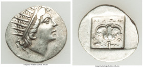 CARIAN ISLANDS. Rhodes. Ca. 88-84 BC. AR drachm (16mm, 1.98 gm, 12h). About XF. Plinthophoric standard, Philon, magistrate. Radiate head of Helios rig...