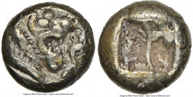 LYDIAN KINGDOM. Alyattes or Walwet (ca. 610-546 BC). EL 1/12 stater or hemihecte (7mm, 1.11 gm). NGC XF 4/5 - 3/5. Sardes mint. Head of roaring lion r...