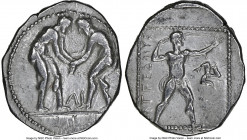 PAMPHYLIA. Aspendus. Ca. 380-325 BC. AR stater (24mm, 11h). NGC VF. Two wrestlers grappling; AΣ between / Slinger standing right, placing bullet in sl...