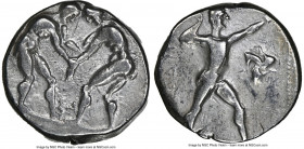 PAMPHYLIA. Aspendus. Ca. 380-325 BC. AR stater (20mm, 11h). NGC Choice Fine. Two wrestlers grappling; ΣA between / Slinger standing right, placing bul...