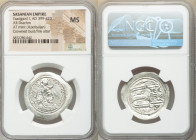 SASANIAN KINGDOM. Yazdgard (Yazdgird) I (AD 399-420). AR drachm (29mm, 2h). NGC MS. AT (Azerbaijan mint). Bust of Yazdgard I right, wearing mural crow...