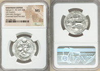 SASANIAN KINGDOM. Bahram V (Vahram) (ca. AD 420-438). AR drachm (29mm, 3h). NGC MS. GW (Gorgan) mint. Bust right, wearing mural crown with korymbos se...