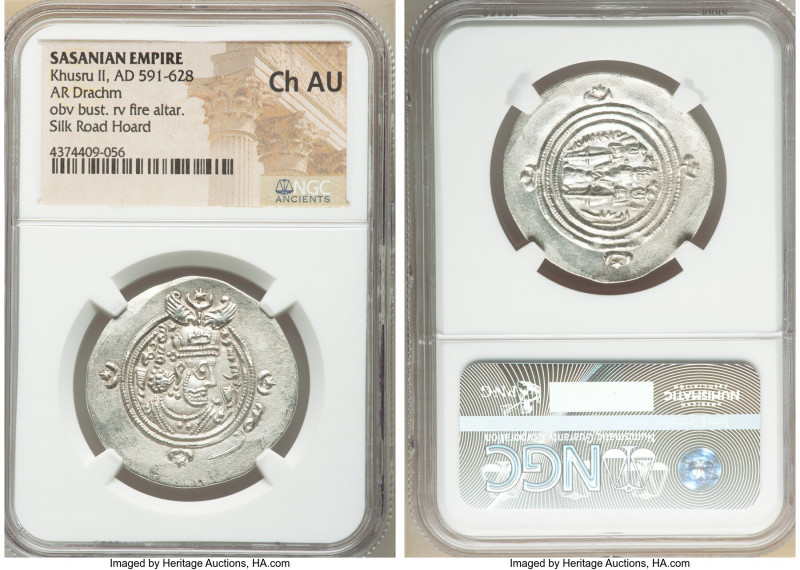 SASANIAN KINGDOM. Khusro II (AD 591-628). AR drachm (32mm, 9h). NGC Choice AU. B...