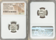 Anonymous. Ca. 211-208 BC. AR victoriatus (17mm, 3h). NGC Choice MS 5/5 - 5/5. Rome. Laureate head of Jupiter right; dotted border / ROMA, Victory sta...