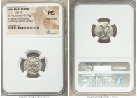 Anonymous. Ca. 211-208 BC. AR victoriatus (17mm, 3.27 gm, 5h). NGC MS, Fine Style. Luceria. Laureate head of Jupiter right, bead-and-reel border / Vic...