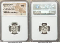 Anonymous. Ca. 211-208 BC. AR victoriatus (18mm, 3.22 gm, 11h). NGC MS. Laureate head of Jupiter right; dotted border / ROMA, Victory standing right, ...