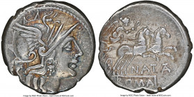 Pinarius Natta (ca. 149 BC). AR denarius (18mm, 3.74 gm, 11h). NGC Choice VF 5/5 - 5/5. Rome. Head of Roma right, wearing pendant earring, necklace an...
