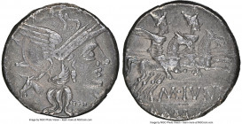 M. Junius Silanus (145 BC). AR denarius (18mm, 3.71 gm, 8h). NGC VF 5/5 - 3/5, edge chips. Rome. Head of Roma right, wearing winged helmet surmounted ...