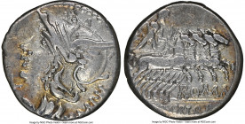 M. Baebius Q.f. Tampilus (ca. 137 BC). AR denarius (17mm, 3.87 gm, 2h). NGC VF 4/5 - 4/5. TAMPIL, head of Roma left in winged helmet decorated with gr...