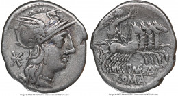 P. Maenius Antiaticus (ca. 132 BC). AR denarius (20mm, 3.82 gm, 12h). NGC VF. Rome. Head of Roma right, wearing winged helmet surmounted by griffin cr...
