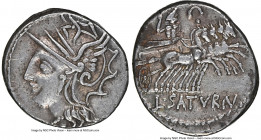 L. Appuleius Saturninus (ca. 104 BC). AR denarius (18mm, 3.97 gm, 9h). NGC Choice VF 5/5 - 4/5. Rome. Head of Roma left, wearing pendant earring, neck...